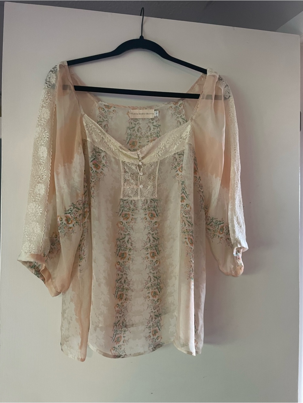 4 Love and Liberty Silk Floral Lace-Trim Blouse in Blush